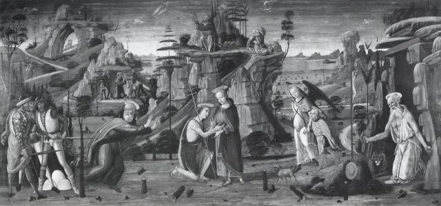 Kunstsammlung der Universität Göttingen — Jacopo di Arcangelo - sec. XV - Incontro di Gesù e san Giovannino nel deserto; Sant'Antonio Abate tentato dal monte d'oro; San Raffaele Arcangelo e Tobiolo; San Francesco d'Assisi riceve le stimmate e frate Leone; San Girolamo penitente nel deserto — insieme